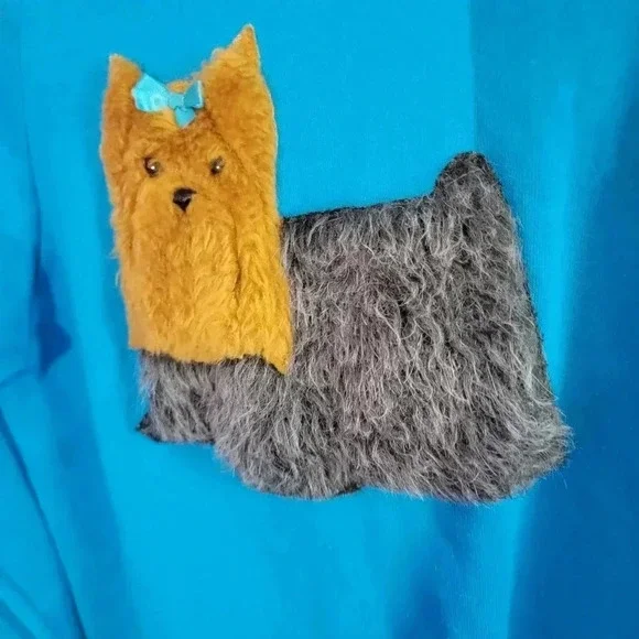 Vintage Handmade Upcycled Sweatshirt w/ 3D Fuzzy Yorkie - Picture 3 of 6